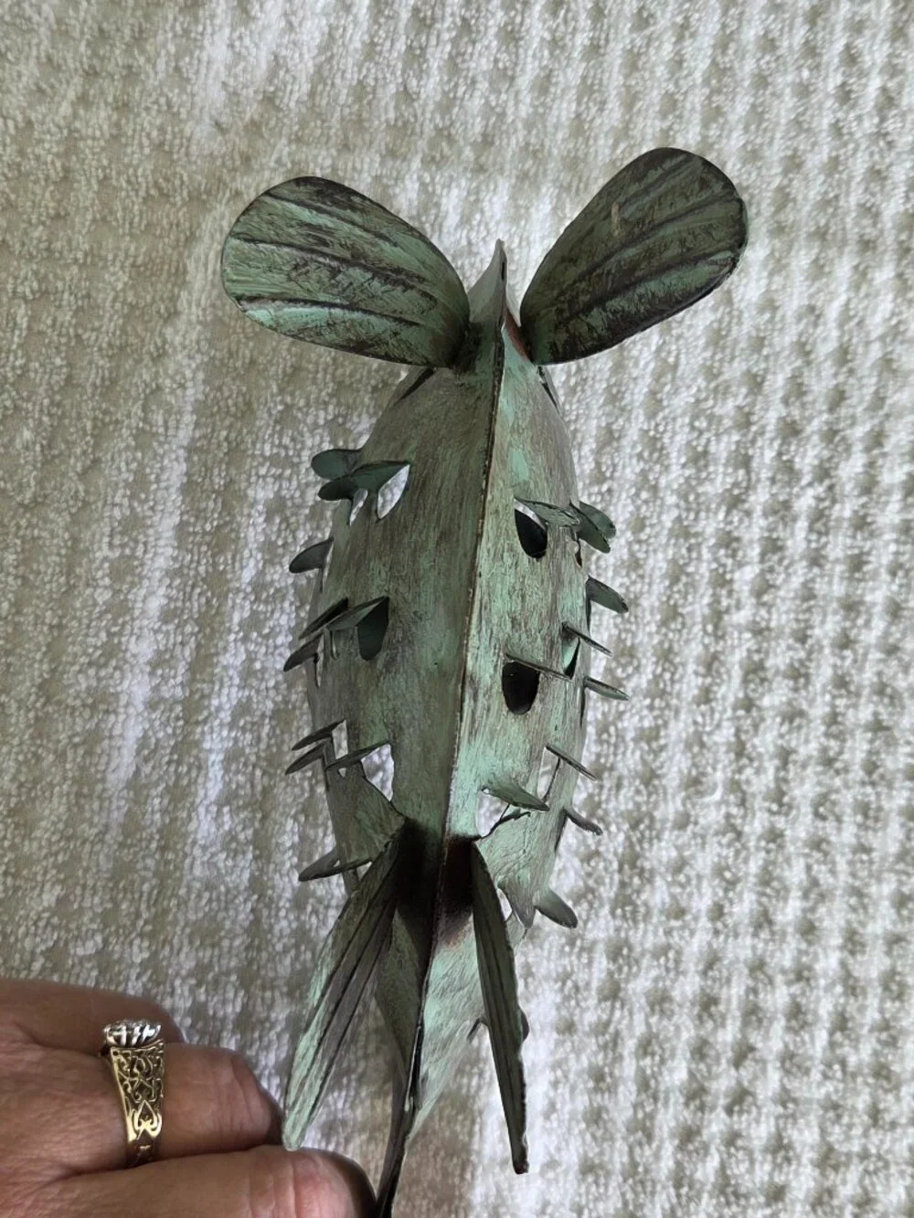 Metal Fish Tea Light Candle Holder Green Rustic Steel Sculpture 9” Cabin